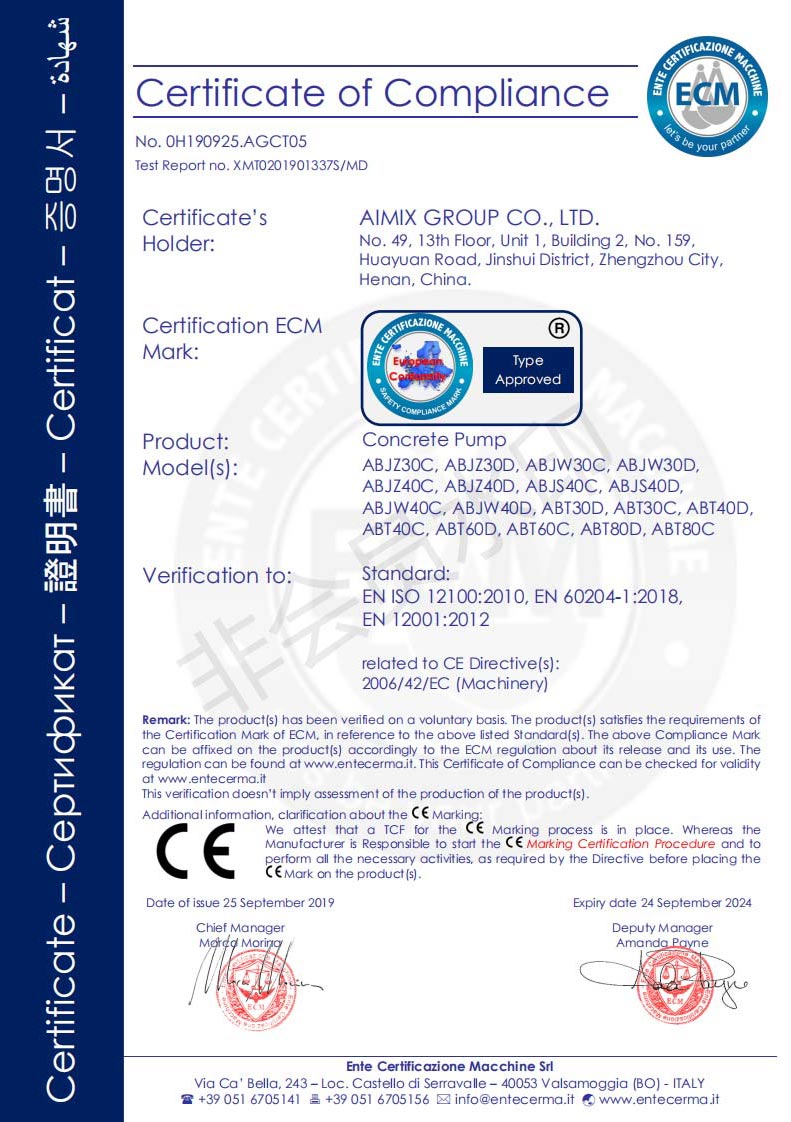 AIMIX Certificado De CE De Bomba De Concreto