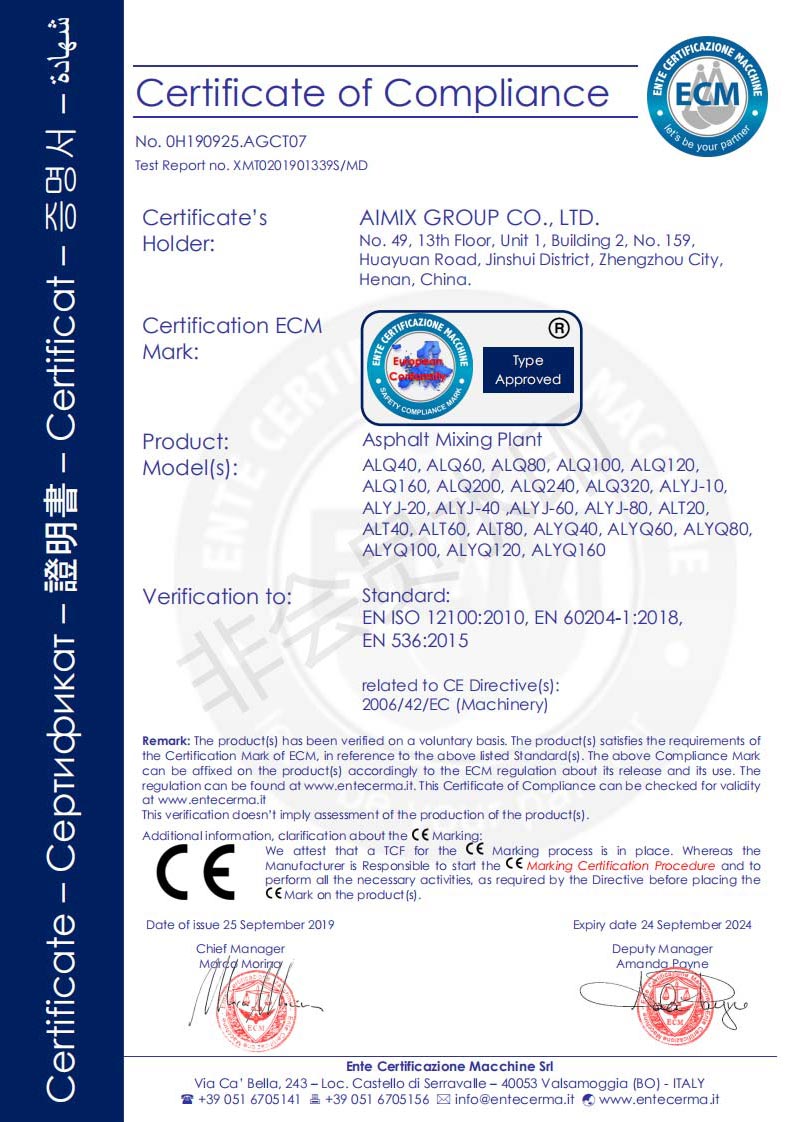 AIMIX Certificado De CE De Planta De Asfalto