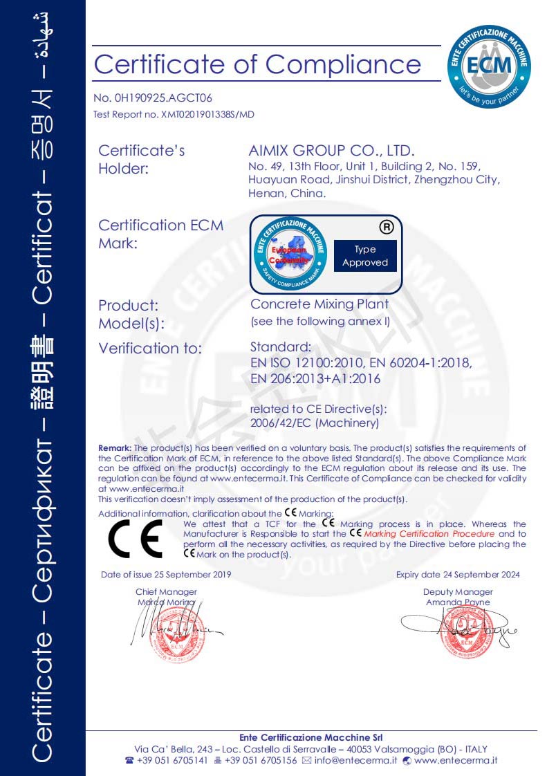 AIMIX Certificado De CE De Planta De Concreto